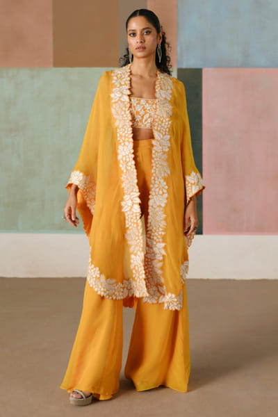 Tangerine wildflower embroidered cape set