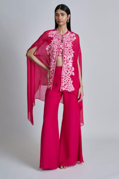 Fuchsia floral and leaf embroidered cape set