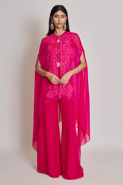 Fuchsia floral-leaf tonal embroidered cape set
