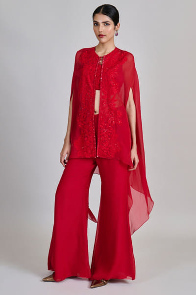 Red floral and leaf embroidered cape set