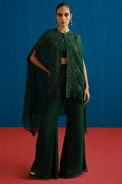 Green wildflower embroidered cape set