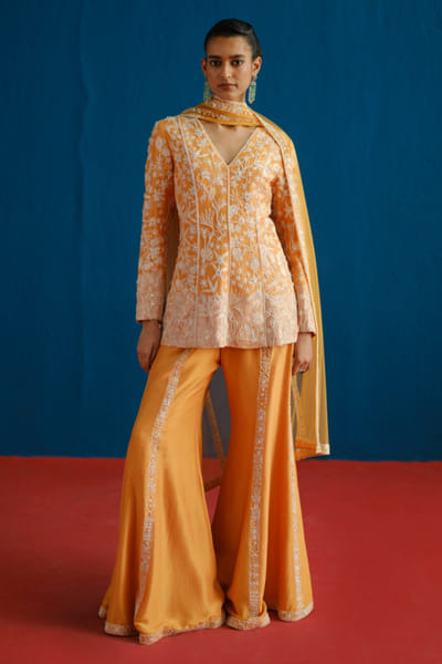 Tangerine wildflower embroidered kurta set