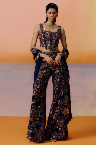 Navy blue floral embroidered co-ord set