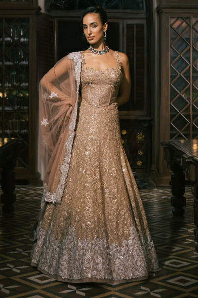 Gold metallic embroidered lehenga set