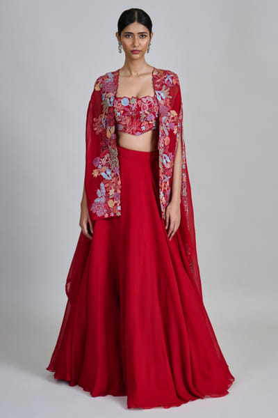 Red floral embroidered and pleated cape set