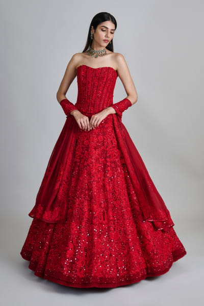 Red floral tonal embroidered lehenga set