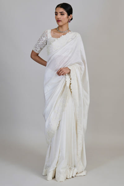 Ivory embroidered sari set