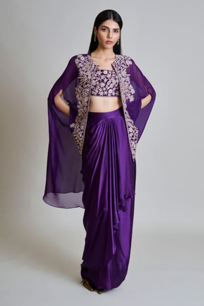 Purple embroidered cape and draped skirt set