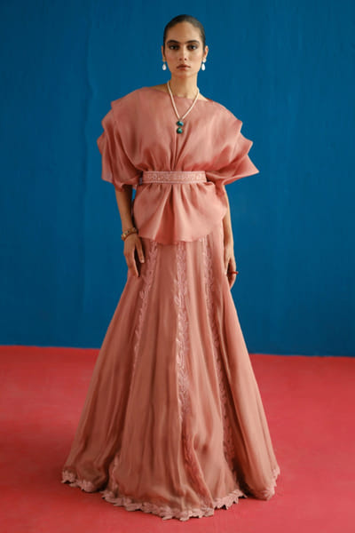 Rust pink embroidered skirt set