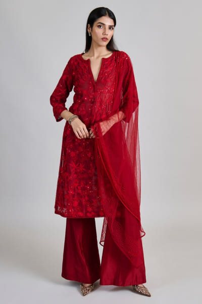 Red floral tonal embroidered kurta set