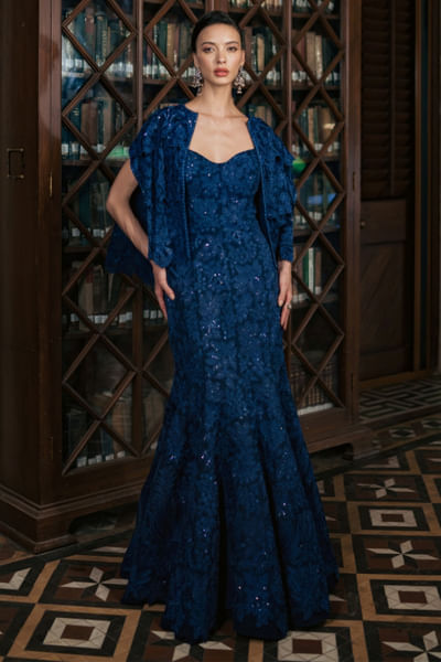 Ink blue embroidered cape gown
