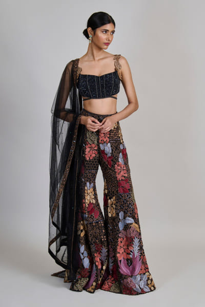 Black floral-geometric embroidered sharara set