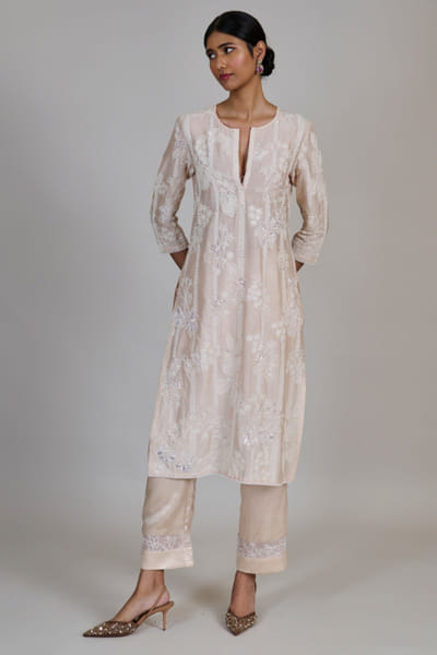 Champagne ivory floral embroidered kurta set