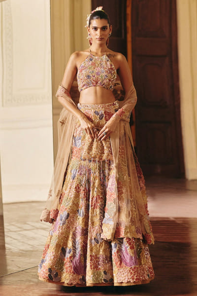 Gold leaf embroidered lehenga set