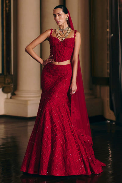 Red embroidered lehenga set