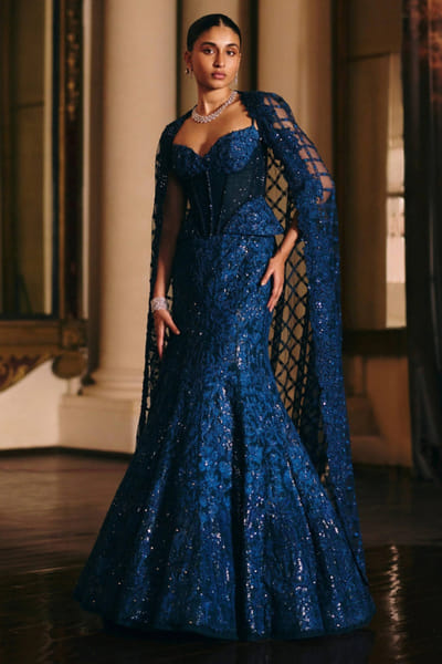 Navy floral embroidered skirt set