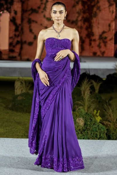 Purple tonal floral embroidered sari set