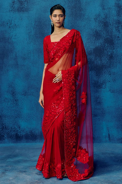 Red tonal geometric floral embroidery sari set