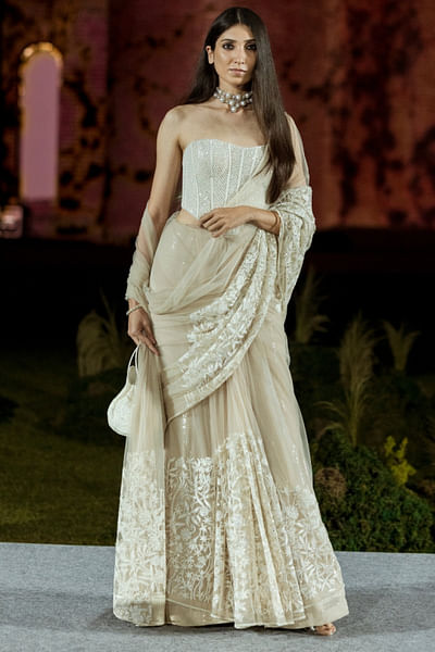 Champagne floral embroidered corset sari set