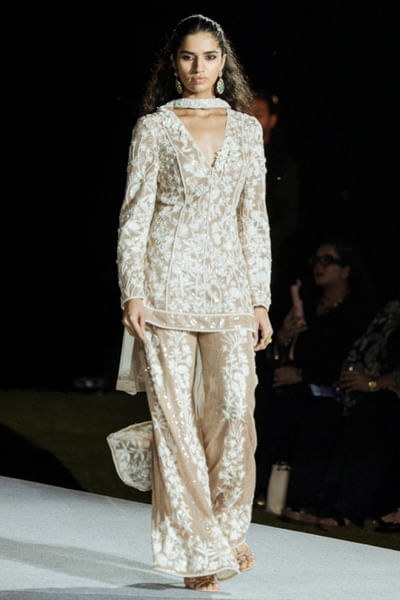 Brown sequin and floral embroidered kurta set