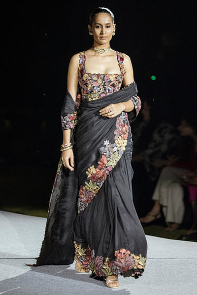 Black floral and leaf embroidered sari set