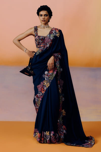 Mishru Navy blue floral embroidered sari set MISJUL25D232587