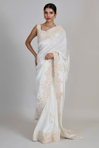 Ivory and gold embroidered sari set