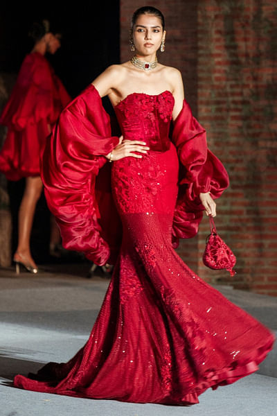 Red bubble hem cape and embroidered skirt set