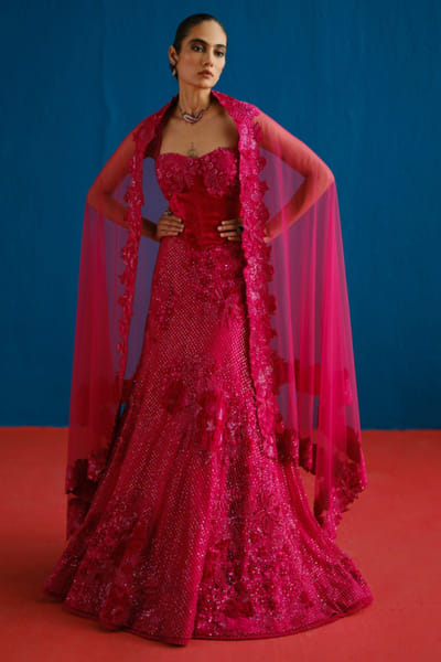 Fuchsia sequin embroidered corset lehenga set