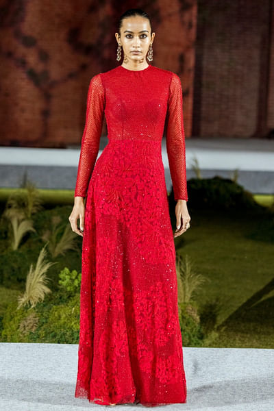 Red tonal floral and sequin embroidered gown