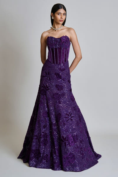 Purple tonal applique embroidered lehenga set