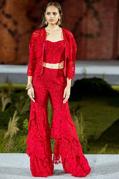 Red floral embroidered cape and sharara set