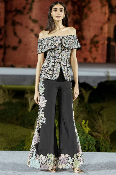 Black floral embroidered co-ord set