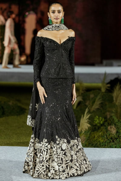 Black tonal and floral embroidered lehenga set