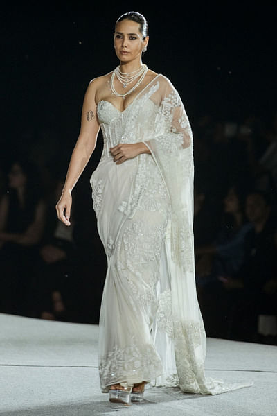 Ivory tonal floral embroidered corset sari set