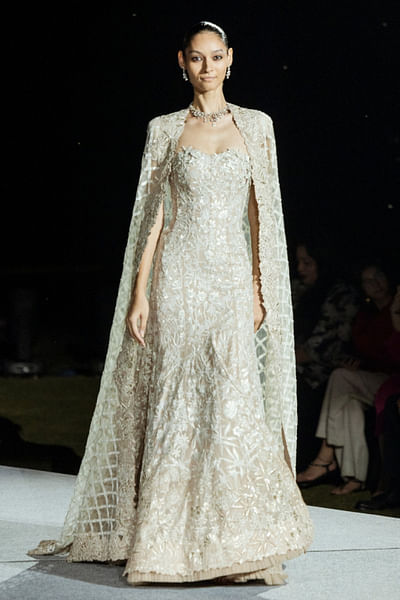 Champagne floral check embroidered cape gown