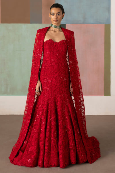 Red tonal embroidered cape gown