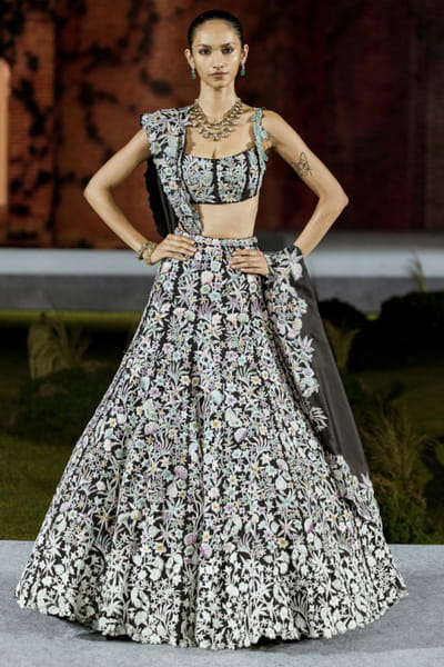 Black floral embroidered lehenga set