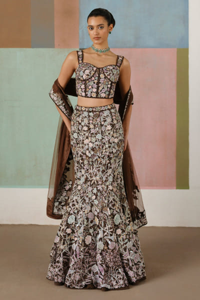 Brown embroidered corset lehenga set
