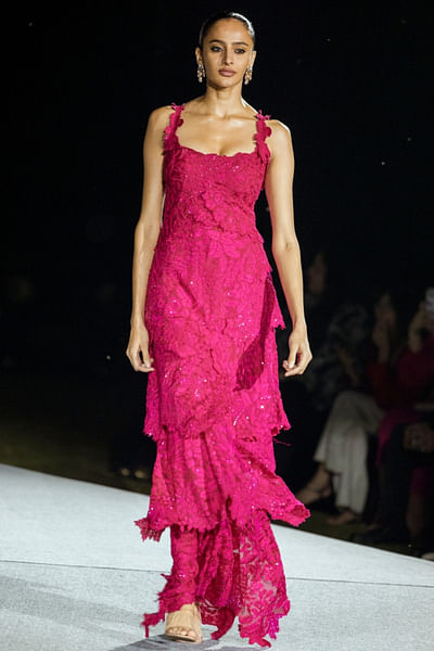 Fuchsia tonal floral embroidered layered gown
