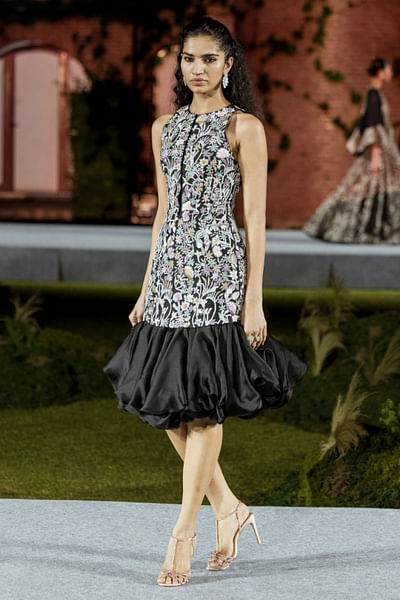 Black floral embroidered bubble hem dress