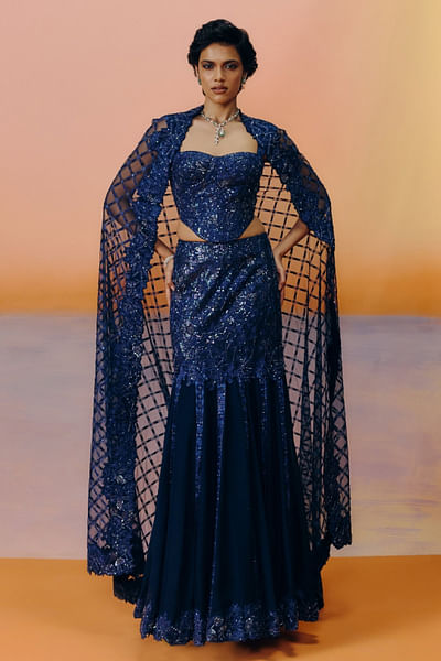 Navy blue tonal floral embroidered skirt set