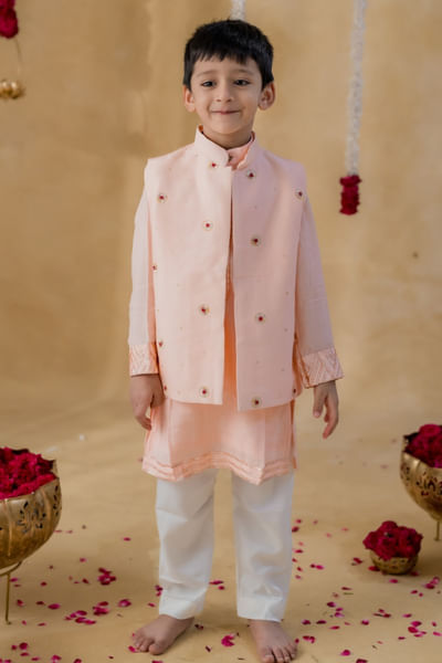 Peach gota patti embroidered jacket kurta set