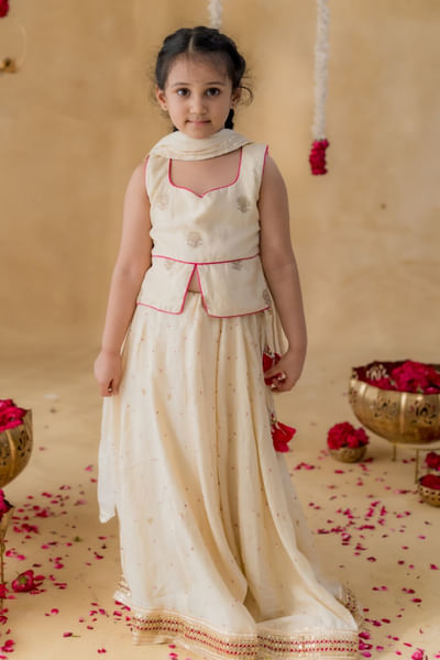 Beige zari and gota embroidered lehenga set