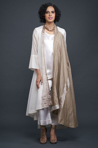 Ivory and silver beige zari woven jacket set