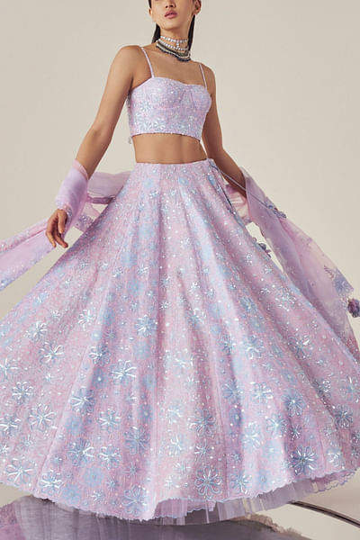 Lilac and blue floral embroidered lehenga set