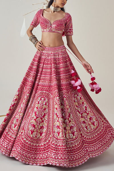 Ruby red floral embroidery lehenga set