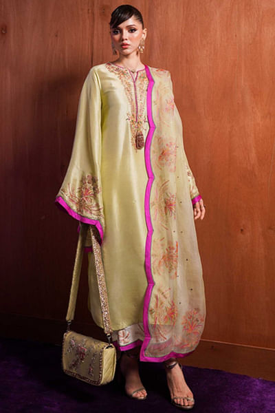 Apple green floral print embroidered kurta set