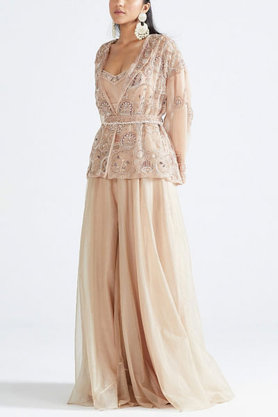 Nude pink kimono jacket and sharara set