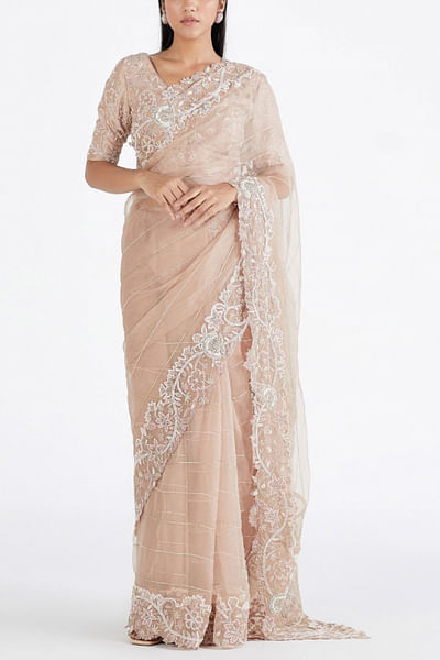 Nude pink embroidered sari set